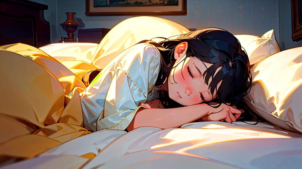 (Highest quality, masterpiece, Ultra-realistic), Beautiful and delicate15Year-old girl portrait,, The background is the bedroom at home.、Sleeping with a calm expression、Time is midnight、It's pitch black in the room.、It's raining outside