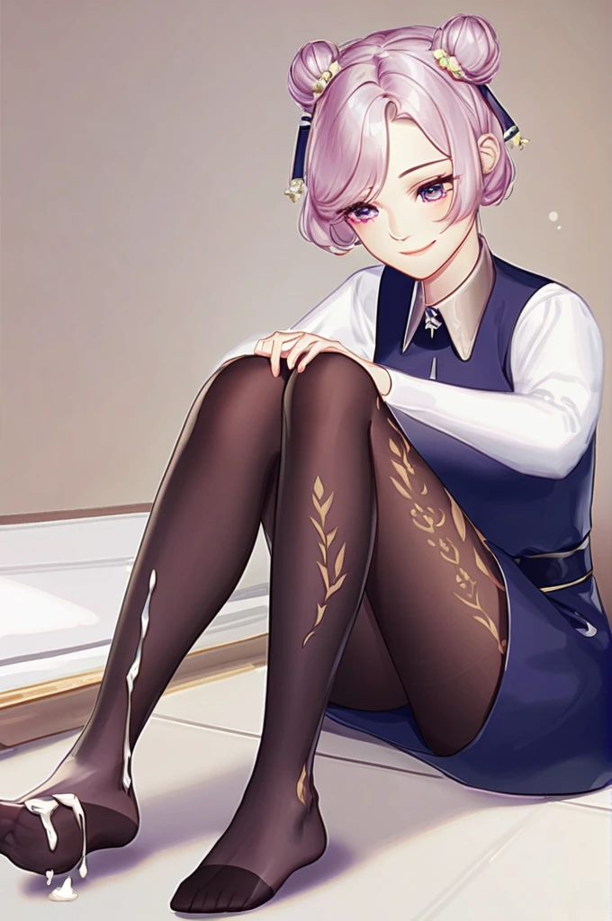 ((Лучшее качество)), ((шедевр)), (подробный), Keqing jerks off a man's penis with her legs in pantyhose, she has cum on her feet and she smiles