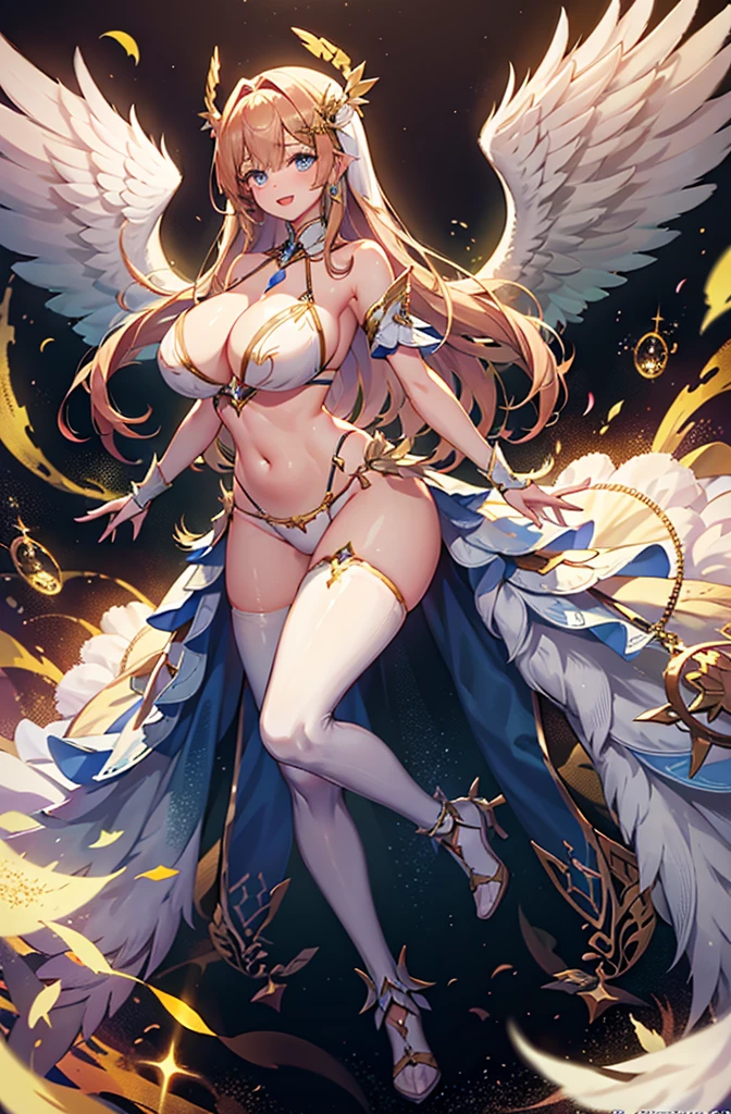 最high quality, high quality, 8K、High resolution,Highest quality、solo、胸に翼のある白いビキニ姿のtallのadult female angel、Very beautiful proportions、belly button、Thighs、tall、Adult woman in a white bikini, Archangel Style、super Wild Angel, A happy open-mouthed smile、Thighs、Naturally Shaped Fingers、Long neck、from the front、Looking at each other, our eyes met、belly button、Blonde hair and blue eyes、Majestic Angel, Anime Goddess, Wild Angel, thick, Beautiful and attractive anime woman, Huge and stunning goddess shots, Angel Adult Woman, adult female angel, She has angel wings on her back,Highly detailed goddess shot
