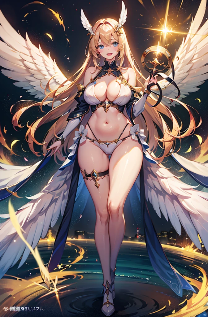 最high quality, high quality, 8K、High resolution,Highest quality、solo、胸に翼のある白いビキニ姿のtallのadult female angel、Very beautiful proportions、belly button、Thighs、tall、Adult woman in a white bikini, Archangel Style、super Wild Angel, A happy open-mouthed smile、Thighs、Naturally Shaped Fingers、Long neck、from the front、Looking at each other, our eyes met、belly button、Blonde hair and blue eyes、Majestic Angel, Anime Goddess, Wild Angel, thick, Beautiful and attractive anime woman, Huge and stunning goddess shots, Angel Adult Woman, adult female angel, She has angel wings on her back,Highly detailed goddess shot