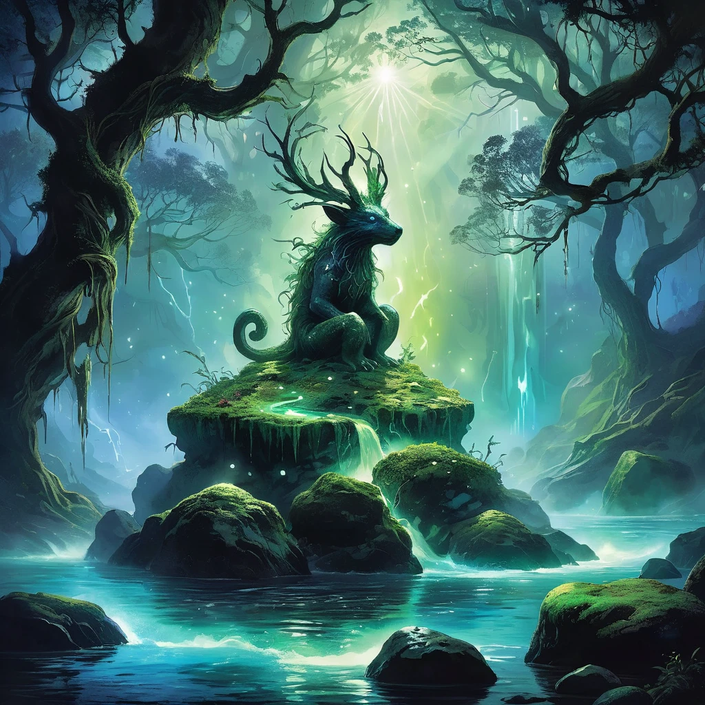 depicting a small, adorable creature nestled among the moss-covered rocks of a dark, mystical river. The creature, with fur as black as night and eyes that gleam with a hint of ancient wisdom, exudes an aura of innocence amidst the foreboding atmosphere of the enchanted forest surrounding it.
The river itself reflects the eerie glow of bioluminescent plants and mysterious runes etched into nearby stones, casting a surreal light on the scene. Shadows dance playfully around the creature as it delicately sips from the clear, magical waters, its small form blending harmoniously with the ethereal beauty of its surroundings.
In the background, ancient trees with twisted branches reach towards a starlit sky, their gnarled roots partially submerged in the river's edge. Wisps of mist curl around the trunks, adding an element of mystique to the enchanting tableau.
Capture the juxtaposition of innocence and darkness, beauty and danger, in this AI-generated artwork that transports viewers into a realm where mythical creatures and arcane energies converge in a tapestry of dark fantasy."