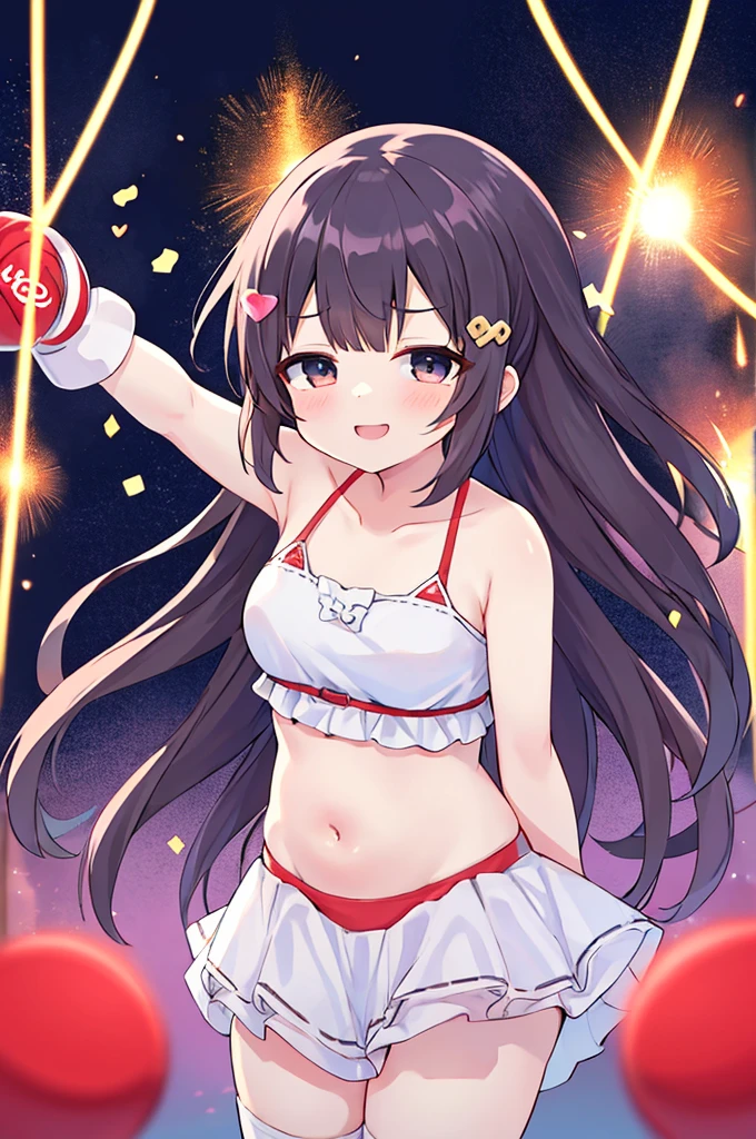 Cute girl with skirt belly punch in the corner of the ring,((masterpiece)),long hair,beautiful white skin、 ((charming))、happy smile、perfect proportions、(((Kickboxing)))、(((Mixed wrestling))), cute woman, baby face, BREAK source_anime, high detail, looking at viewer,POV, large chest, best quality, highly detailed, young face, white background,Droopy eyes,relaxed face,she attacks,frilly skirt,heart hair ornament,twintale hair, best quality, 1girl, solo, nice hands, perfect hands,