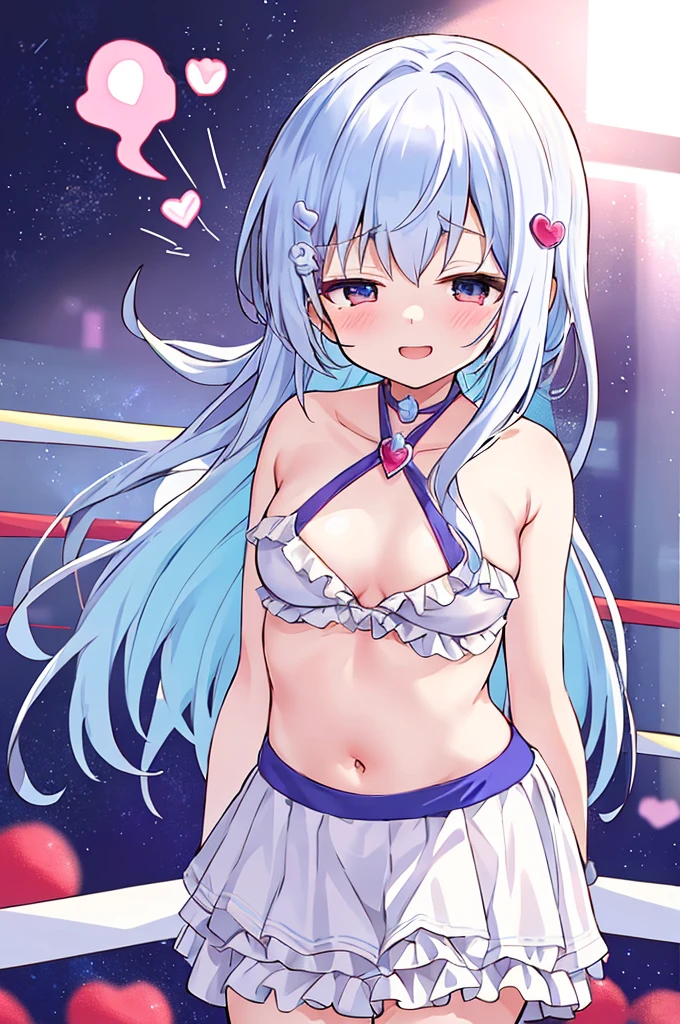 Cute girl with skirt belly punch in the corner of the ring,((masterpiece)),long hair,beautiful white skin、 ((charming))、happy smile、perfect proportions、(((Kickboxing)))、(((Mixed wrestling))), cute woman, baby face, BREAK source_anime, high detail, looking at viewer,POV, large chest, best quality, highly detailed, young face, white background,Droopy eyes,relaxed face,she attacks,frilly skirt,heart hair ornament,twintale hair, best quality, 1girl, solo, nice hands, perfect hands,