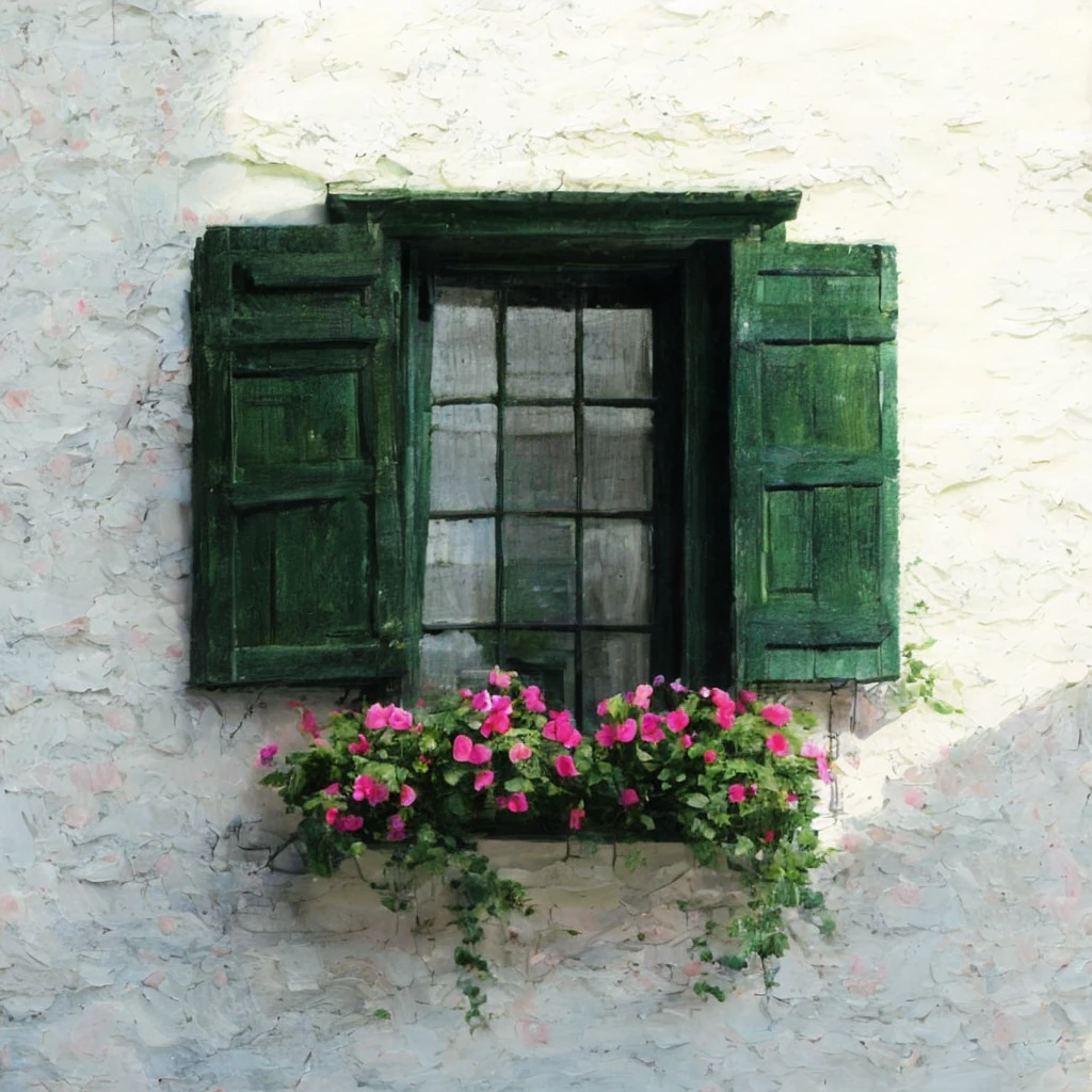 masterpiece, ultra detailed, beautiful, distinct, best aesthetic, super fine illustration, rustic green wooden window shutters, weathered white wall texture, vibrant pink flowers, lush green leaves, window box, soft natural light, gentle shadows, vintage European architecture, close-up angle, #drawing style: Mixed Media #painting method: Impasto, pointier painting method, pointillism technique, repousso