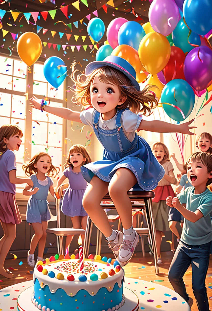empty chair in the focus, kids around the chair, a little girl at a birthday , one empty chair, kids dancing around the chair, colorful decorations, birthday cake, balloons, hats, streamers, confetti, warm lighting, vibrant colors, playful atmosphere, detailed faces and expressions, intricate details, dynamic movement, high definition, photorealistic, 4k, masterpiece