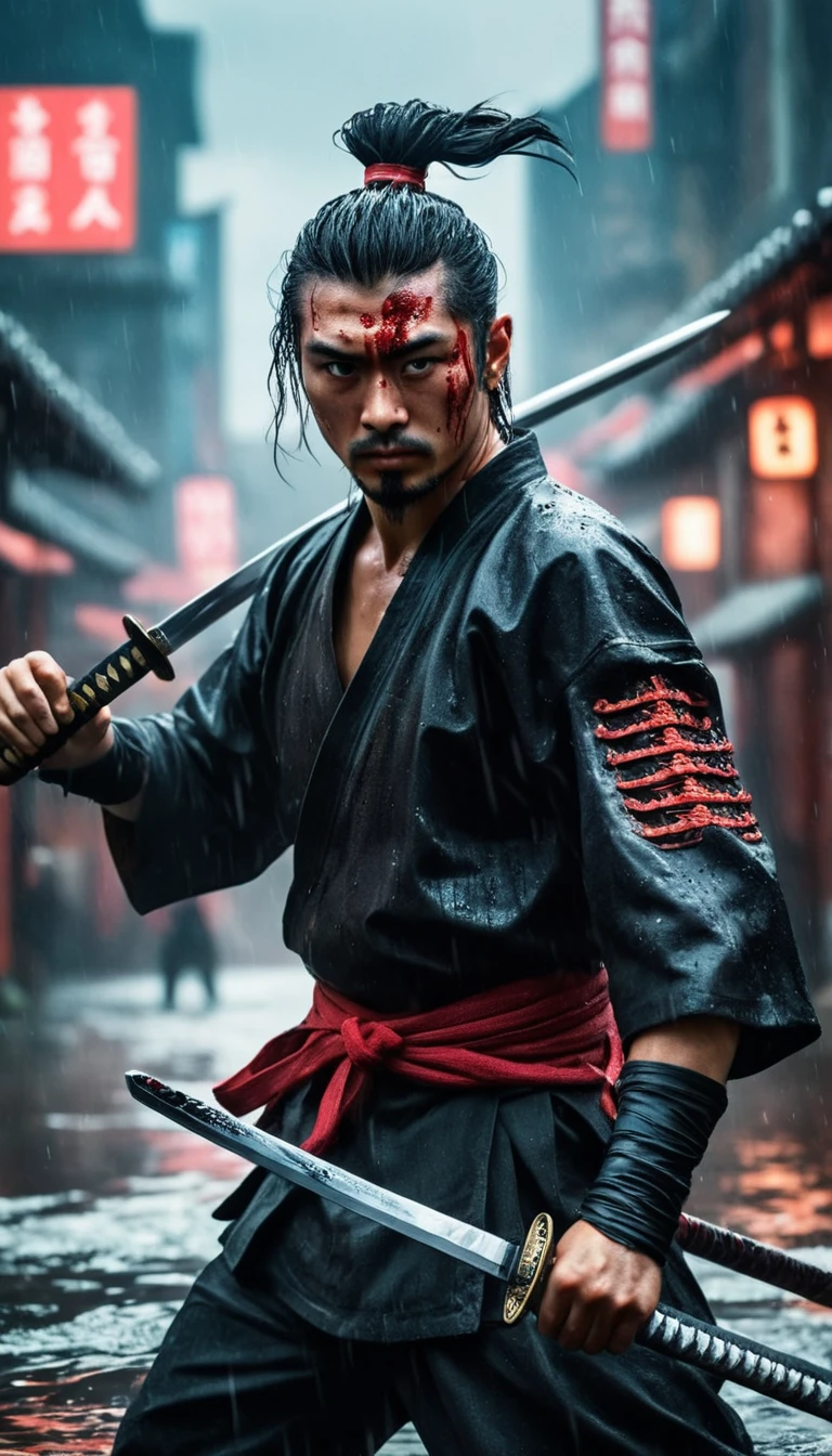 best quality，Ultra-fine，warrior samurai or samurai male in water ，Air，One hand holding a katana，Face mask，fighting，Dodge，avoid，lifelike，photorealism：1.37），bright colors，clear focus，Defocused，（fantasy：1.2），（mystical landscapes），（dynamic poses：1.37），（intense gaze），（Extraordinary power），（the power of myth），black and red, hyperrealism, very detailed skin, 4k, inkpunk style, great lighting, cyberpunk style,, rainy day，Wounds on the body，splash
