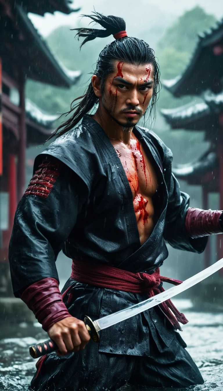 best quality，Ultra-fine，warrior samurai or samurai male in water ，Air，One hand holding a katana，Face mask，fighting，Dodge，avoid，lifelike，photorealism：1.37），bright colors，clear focus，Defocused，（fantasy：1.2），（mystical landscapes），（dynamic poses：1.37），（intense gaze），（Extraordinary power），（the power of myth），black and red, hyperrealism, very detailed skin, 4k, inkpunk style, great lighting, cyberpunk style,, rainy day，Wounds on the body，splash
