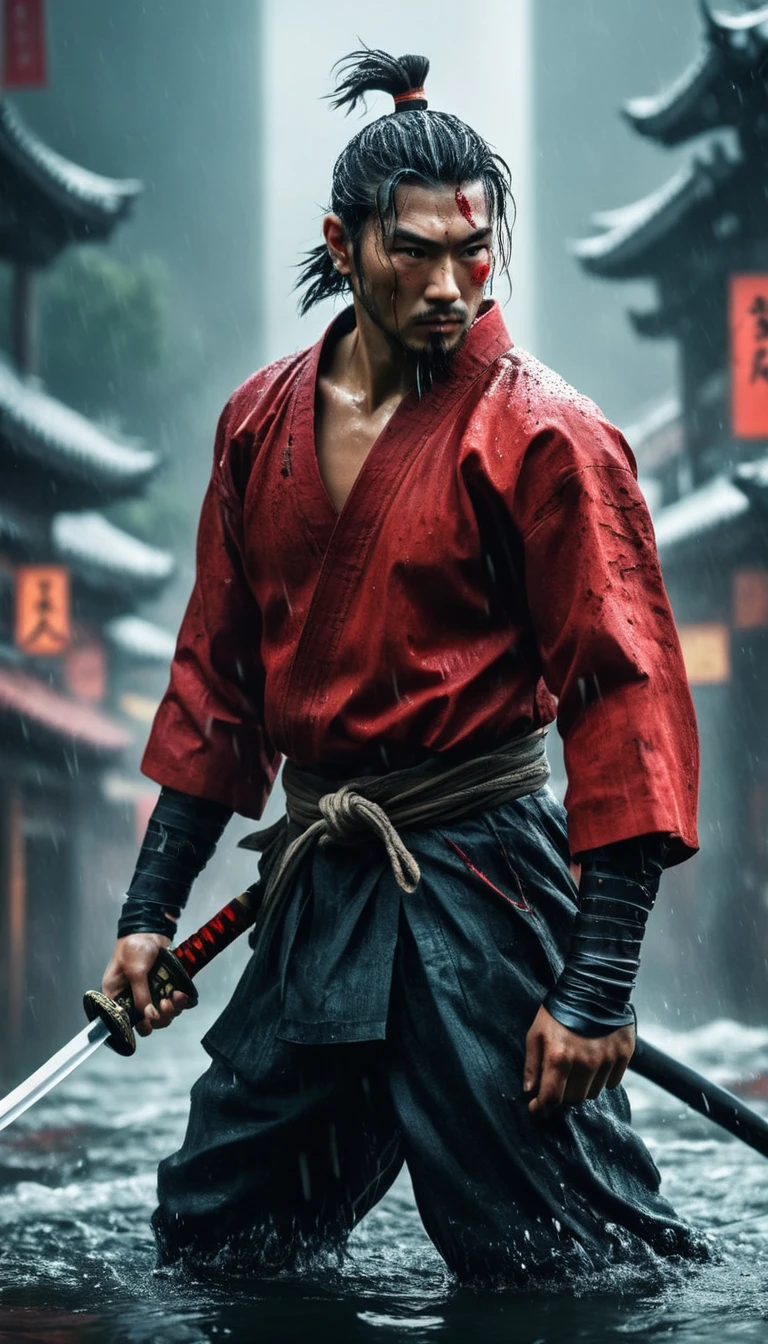 best quality,Ultra-fine,warrior samurai or samurai male in water ,Air,One hand holding a katana,Face mask,fighting,Dodge,avoid,lifelike,photorealism:1.37),bright colors,clear focus,Defocused,(fantasy:1.2),(mystical landscapes),(dynamic poses:1.37),(intense gaze),(Extraordinary power),(the power of myth),black and red, hyperrealism, very detailed skin, 4k, inkpunk style, great lighting, cyberpunk style,, rainy day,Wounds on the body,splash