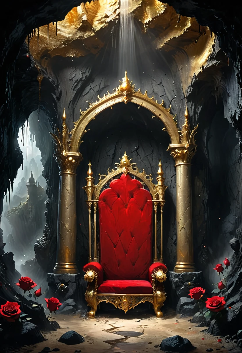 Cave，Underground Kingdom，Gothic style：High，(((throne：1.37，gem，gold)))，Red rose，Dust，Majestic