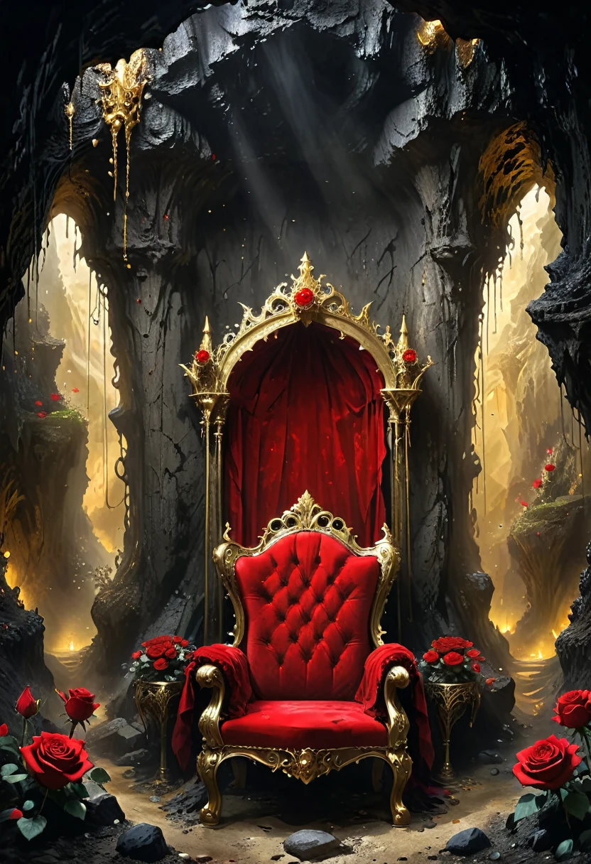 Cave，Underground Kingdom，Gothic style：High，(((throne：1.37，gem，gold)))，Red rose，Dust，Majestic