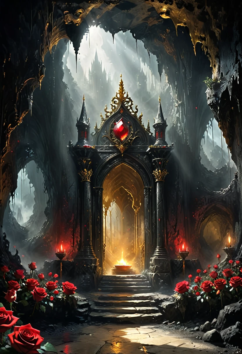 Cave,Underground Kingdom,Gothic style:High,(((throne:1.37,gem,gold))),Red rose,Dust,Majestic