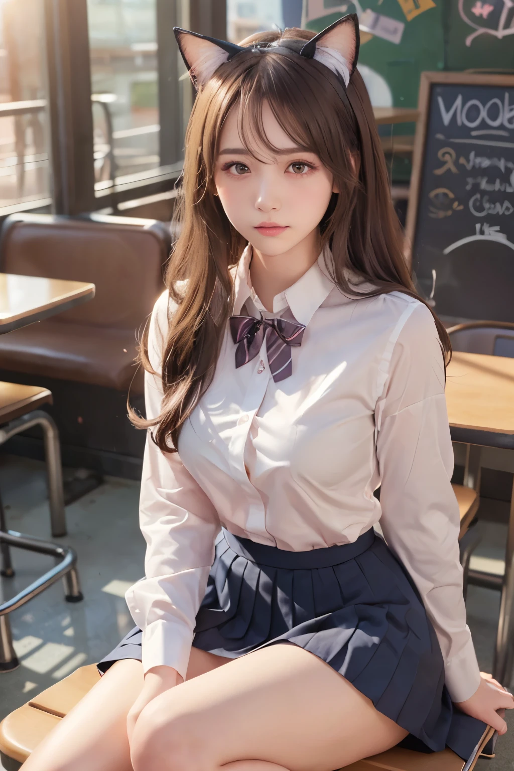 (Cat ears:1.3), (Showing off panties:1.2), (Professional portrait, Realistic and perfectly shaped subjects:1.3), (masterpiece, highest quality:1.2), (Realistic, Ultra-realistic, Realistic:1.3), (ultra High resolution), High resolution, Intricate details, Super detailed, (Highly detailed CG, unity 8k wallpaper:1.3), Clear image,
break
(1 Japanese girl, 16 years old), (cute, Slender figure), (Perfect Anatomy, Correct limbs:1.2), (Perfect hands), Perfect Arms, Beautiful and delicate face down to the last detail, Beautiful and delicate eye and eye highlights, (Very thin and delicate、not too long lashes), (Captivating eyes, Beautifully detailed eyes and face), light makeup, Pink Lip, Lip gloss, Stylish face, (Shiny skin, Realistic skin detail), Brown Hair, medium chest
break
((school uniform)), (High school girl),
(White open shirt:1.3), (Pleated skirt:1.2),
(Black socks), shirt open,
break
(Sunset cafe:1.3), sitting in a cafe shop, (Cowboy Shot), break
(((blush:1.4))), ((Embarrassing:1.4)), (((shy:1.5)))
break
from below
break