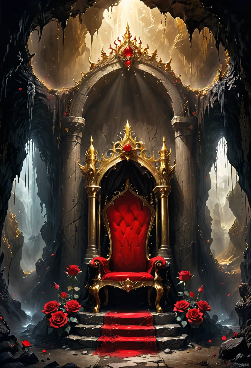 Cave,Underground Kingdom,Gothic style:High,(((throne:1.37,gem,gold))),Red rose,Dust,Majestic