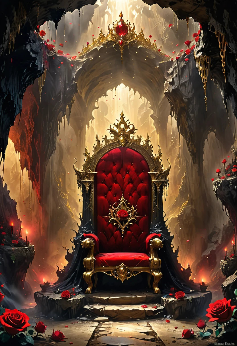 Cave，Underground Kingdom，Gothic style：High，(((throne：1.37，gem，gold)))，Red rose，Dust，Majestic