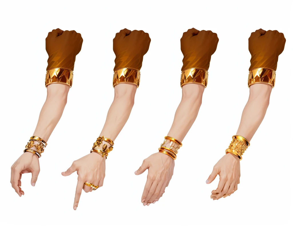 four different views of a man's hand with gold bracelets, multiple illusory arms, hands retouched, corrected right hands, low - poly hands, hands, spritesheet, enhanced hands, coherent hands, mand hand, ( golden ratio ) details, default pose neutral expression, physicality-based render, simpe hands, pixeled stretching
