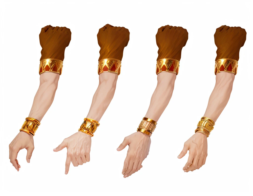 four different views of a man's hand with gold bracelets, multiple illusory arms, hands retouched, corrected right hands, low - poly hands, hands, spritesheet, enhanced hands, coherent hands, mand hand, ( golden ratio ) details, default pose neutral expression, physicality-based render, simpe hands, pixeled stretching