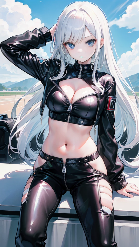 Highest quality、Highest quality、Masterpiece、girl((20-year-old、as soon as、Highest Bust、Medium Bust、Wide open chest、Red glowing eyes、Light Silver Hair、Shortcuts、Loincloth、thin、The best valley、Open chest、Full body view、Leather Tank Top、Leather pants、Smile、Leaning forward greatly,Perforated gloves、A tense face、Red headphones、Sexy pose、Accentuate your butt))、high quality、Beautiful Art、background((Space Station、In the cockpit))、flight、Flying Debris、Depth of text、movie、Visual Arts、Perfect Art、8K、Genuine、