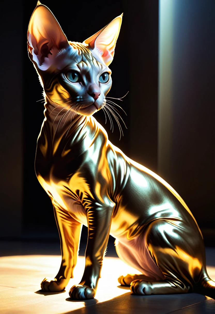 Sphynx Cat, Gold and cosmo, Isabelle, Okumura Masanobu, Ross Tran, beautifully backlit, dramatic lighting, aesthetic, very inspirational, arthouse