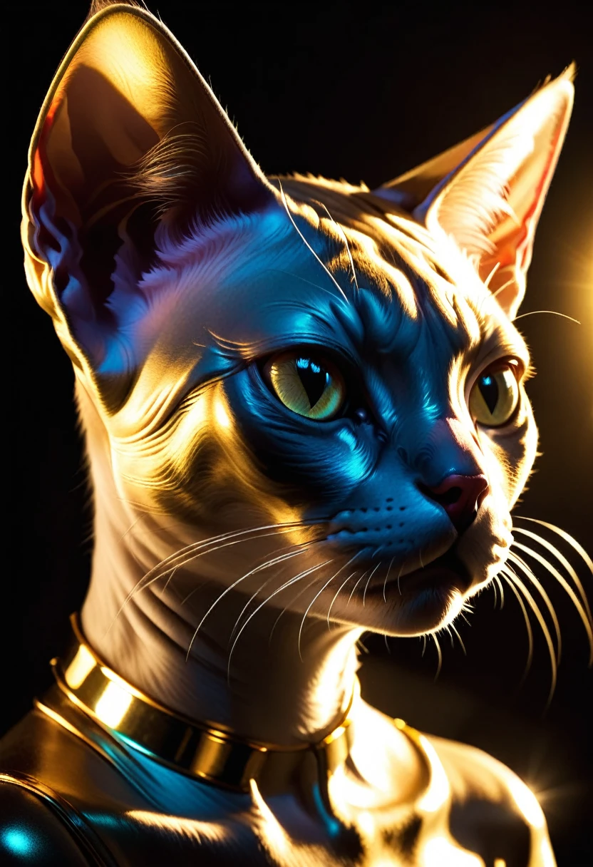 Sphynx Cat, Gold and cosmo, Isabelle, Okumura Masanobu, Ross Tran, beautifully backlit, dramatic lighting, aesthetic, very inspirational, arthouse