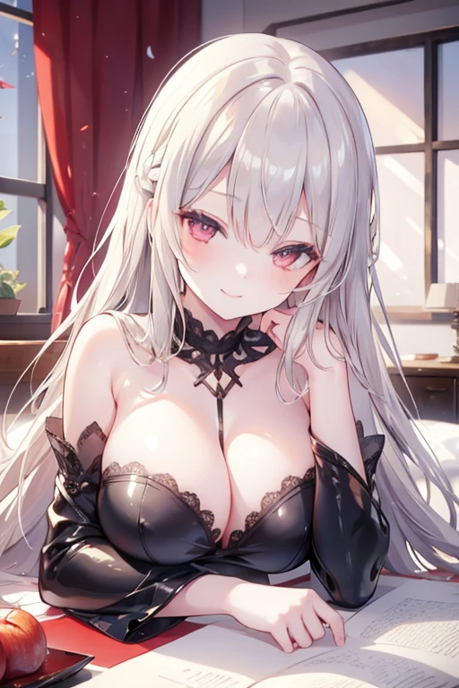 young girl, silver-blonde hair, red eyes, beautiful and detailed eyes, sleeping leaves, big breasts, long hair, (in the room)Smiling mischievously
