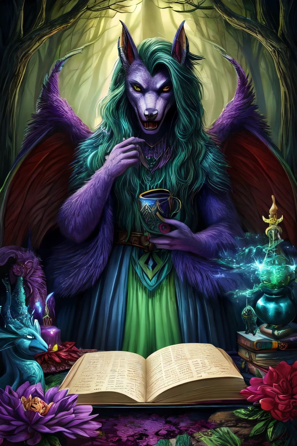 Wordsearch puzzle book cover featuring 70 mythical creatures with word lists and fun facts, drawn in a realistic, magical style. The cover should have a mystical forest setting, with the creatures interacting with each other and the environment. The creatures should include a variety of well-known mythological creatures, such as vampire, werewolf, siren, and griffins, as well as less well-known creatures like Chupacabra, kappa, and lich