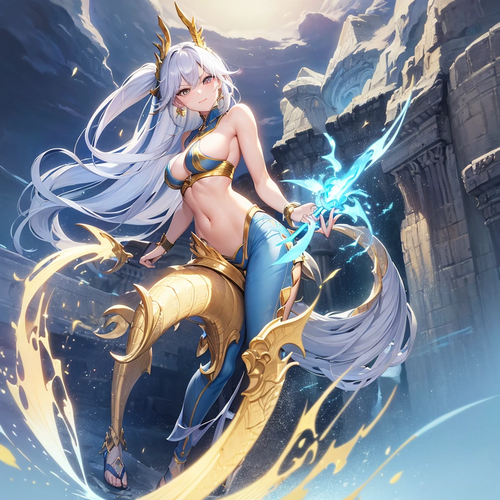 (masterpiece:1.3), (Absurd:1.3), (highest quality:1.3), (Very detailed:1.3), 1girl, Outdoor, Upper Body, long silver hair tied back, sharp golden eyes, pale skin, C-cup breasts, tall, muscular hourglass figure, beautiful six-pack, two beautiful simple golden dragon horns on the head, another set of short golden dragon horns under the ears, sharp golden dragon claws, dragon tail resemble light blue steel, dragon wings resemble light blue steel, blue pear earrings, light blue gemstone necklace with golden dragon phoenix pendant, white sleeveless crop top, ivory trousers, dark blue leather belt, dark blue platform sandals, zero-chan art,detailed digital anime art, wave hands, smile mischievously, standing, outdoor, peace sign, Hello, flirting expression, looking at viewer