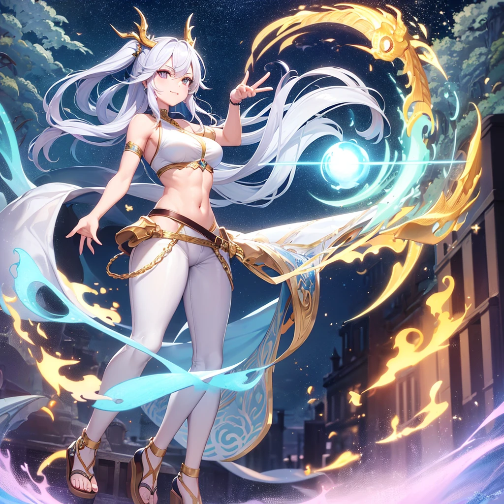 (masterpiece:1.3), (Absurd:1.3), (highest quality:1.3), (Very detailed:1.3), 1girl, Outdoor, Upper Body, long silver hair tied back, sharp golden eyes, pale skin, C-cup breasts, tall, muscular hourglass figure, beautiful six-pack, two beautiful simple golden dragon horns on the head, another set of short golden dragon horns under the ears, sharp golden dragon claws, dragon tail resemble light blue steel, dragon wings resemble light blue steel, blue pear earrings, light blue gemstone necklace with golden dragon phoenix pendant, white sleeveless crop top, ivory trousers, dark blue leather belt, dark blue platform sandals, zero-chan art,detailed digital anime art, wave hands, smile mischievously, standing, outdoor, peace sign, Hello, flirting expression, looking at viewer