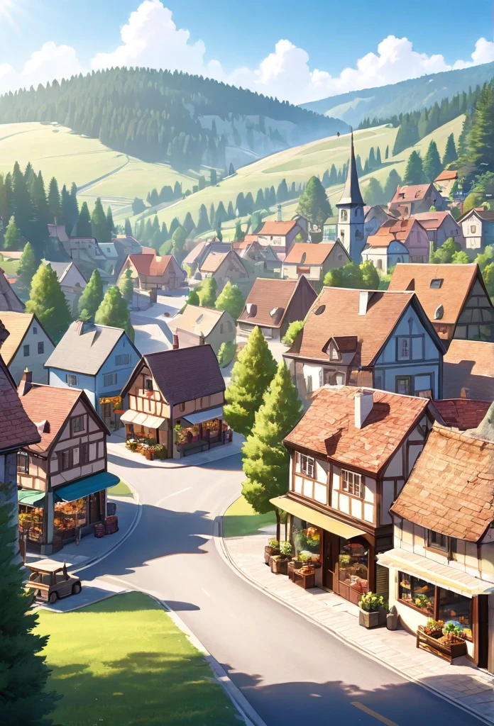quaint town with shops, nestled between rolling hills and whispering pines background, sunny afternoon high res, ultra sharp, 8K, master piece