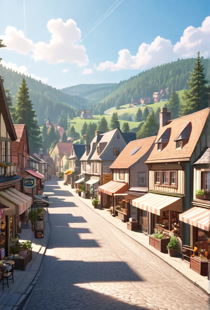 quaint town with shops, nestled between rolling hills and whispering pines background, sunny afternoon high res, ultra sharp, 8K, master piece