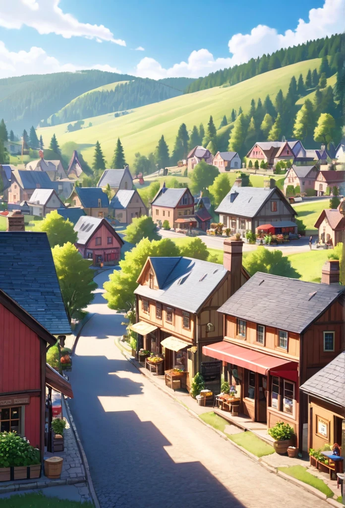 quaint town with shops, nestled between rolling hills and whispering pines background, sunny afternoon high res, ultra sharp, 8K, master piece