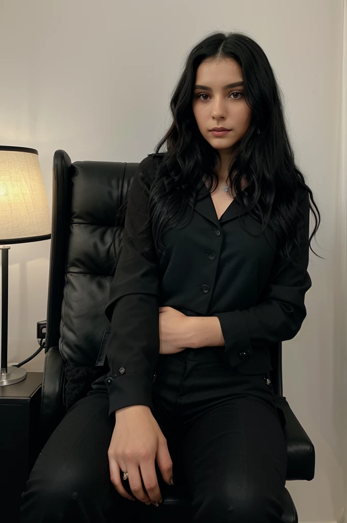 (a thin woman). (black, medium and wavy hair, parted in the middle). She is 20 years old. ((She wears a black blouse, black blazer and sophisticated black pants)). well-groomed and realistic hands. She is sitting in a modern leather armchair, white background, with a floor lamp. (photo must not be vulgar). Extremely realistic photo, 8k quality.