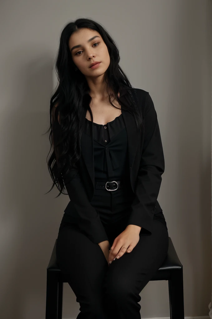 (a thin woman). (black, medium and wavy hair, parted in the middle). She is 20 years old. ((She wears a black blouse, black blazer and sophisticated black pants)). well-groomed and realistic hands. She is sitting in a modern leather armchair, white background, with a floor lamp. (photo must not be vulgar). Extremely realistic photo, 8k quality.