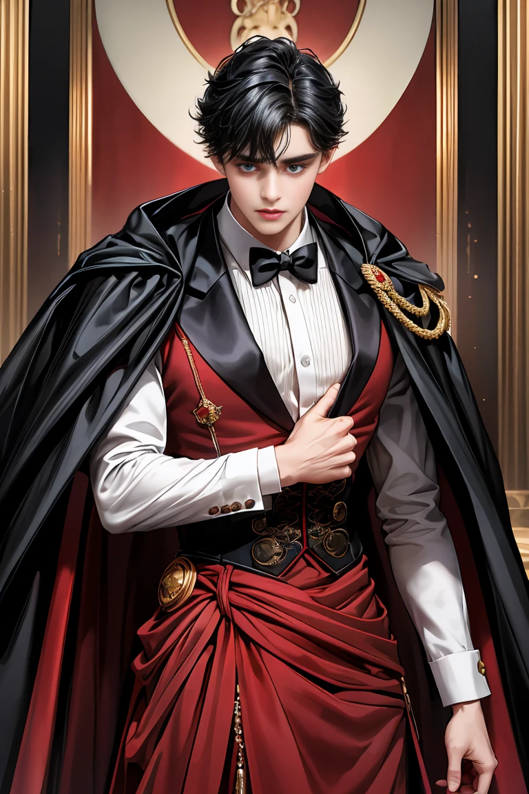 masterpiece, 最high quality, high quality, 1 boy, alone, Male focus, Watching the audience, Messy black hair, Adorable big blue eyes, White people, Noble, Noble,Sexy voluminous black and red cape、Tuxedo、A very voluminous, large, very large, very large, long, long red and black cape with a high stand-up collar, reaching down to the floor, made of a lot of fabric., 17 years old,Cute beautiful boys,Cute, cute, kind, handsome guy