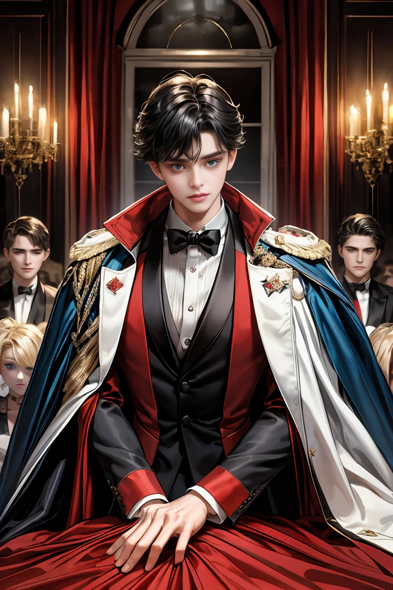 masterpiece, 最high quality, high quality, 1 boy, alone, Male focus, Watching the audience, Messy black hair, Adorable big blue eyes, White people, Noble, Noble,Sexy voluminous black and red cape、Tuxedo、A very voluminous, large, very large, very large, long, long red and black cape with a high stand-up collar, reaching down to the floor, made of a lot of fabric., 17 years old,Cute beautiful boys,Cute, cute, kind, handsome guy