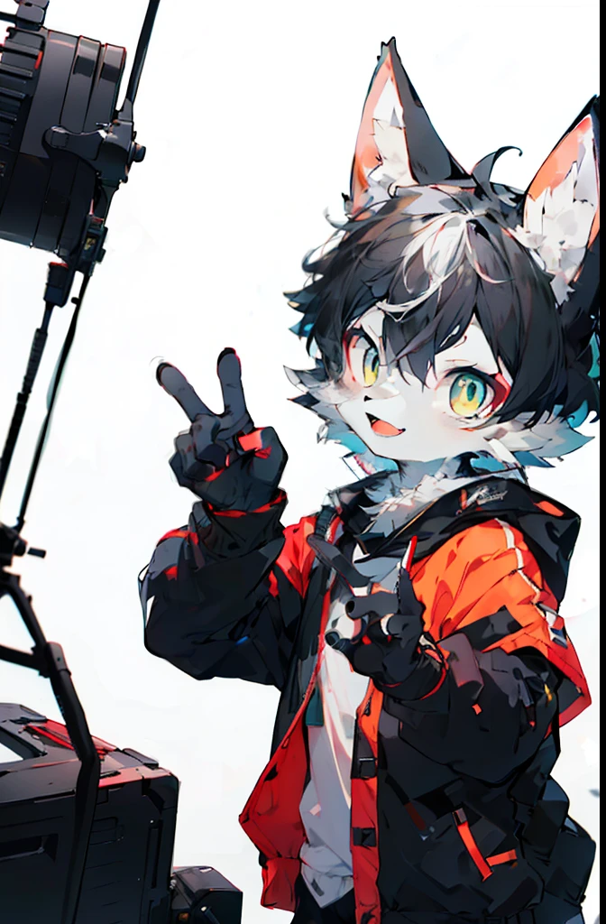 (best quality,4K,8K,high resolution,masterpiece:1.2),Extremely detailed,(Practical,photoPractical,photo-Practical:1.37),White background,Black Cat girl,Cardigan,Black color scheme,Perfect lighting,(Very detailed),Fluffy,((Black Cat)),White background,Depth of Field,Open mouth and laugh,Gun in one hand,Pointing to the head,Pink mat,Random pose,Random shooting angle