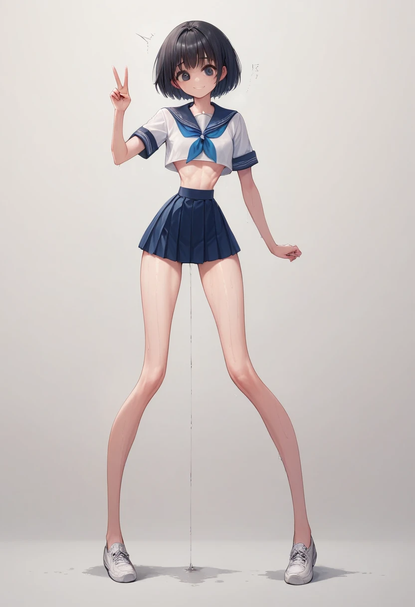 (masterpiece, best quality), front shot,  beautiful 1girl, (micro waist, very long legs:1.3), Black hair, short bob hair, short height, scrawny and thin body, Light Skin, cute big eyes, cute beautiful thin face, forced smile, serafuku, pigeon-toed, wet and sweaty, visible ribs, V sign, Trembling