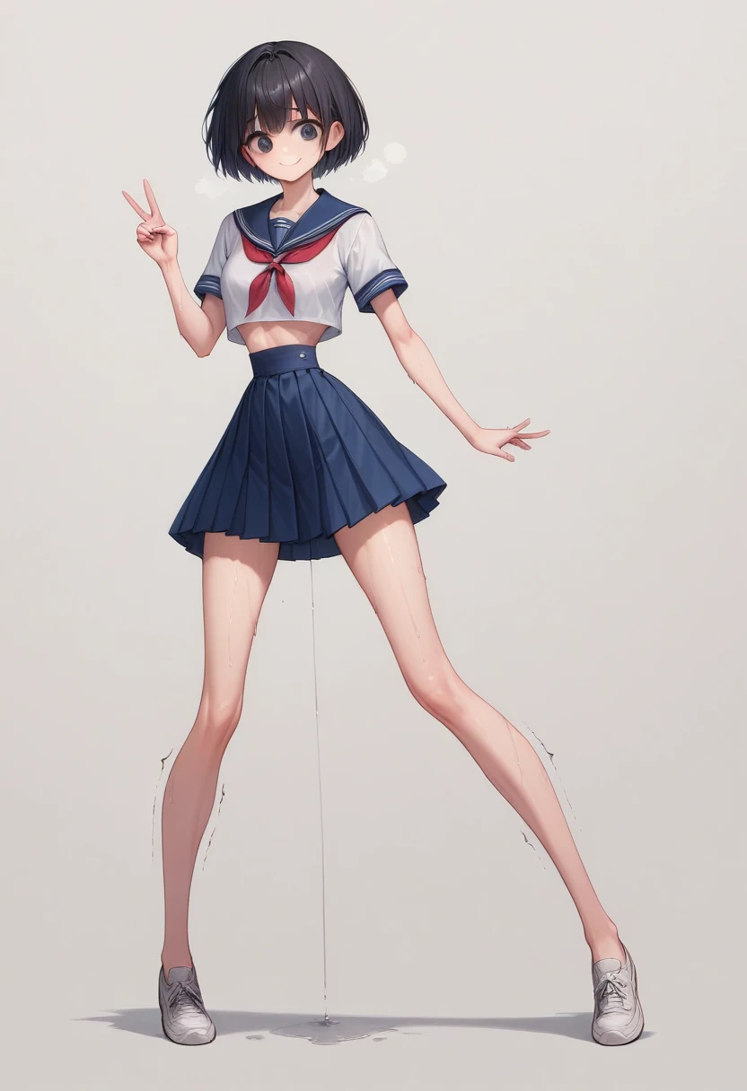 (masterpiece, best quality), front shot,  beautiful 1girl, (micro waist, very long legs:1.3), Black hair, short bob hair, short height, scrawny and thin body, Light Skin, cute big eyes, cute beautiful thin face, forced smile, serafuku, pigeon-toed, wet and sweaty, visible ribs, V sign, Trembling