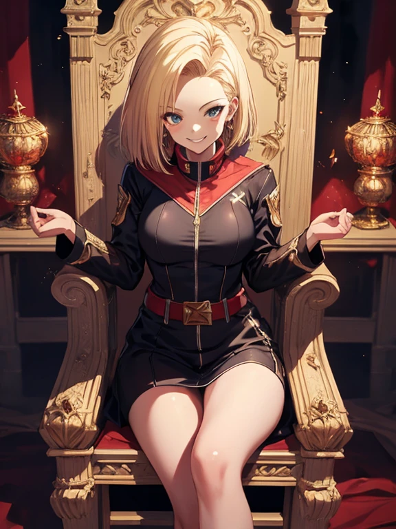 Android18Number, Throne of Power, Leg spread, (masterpiece), highest quality, Fearless smile, 1girl, uhd, retina, masterpiece, ccurate, anatomically correct, textured skin, super detail, high details, high quality, best quality, highres, 4K