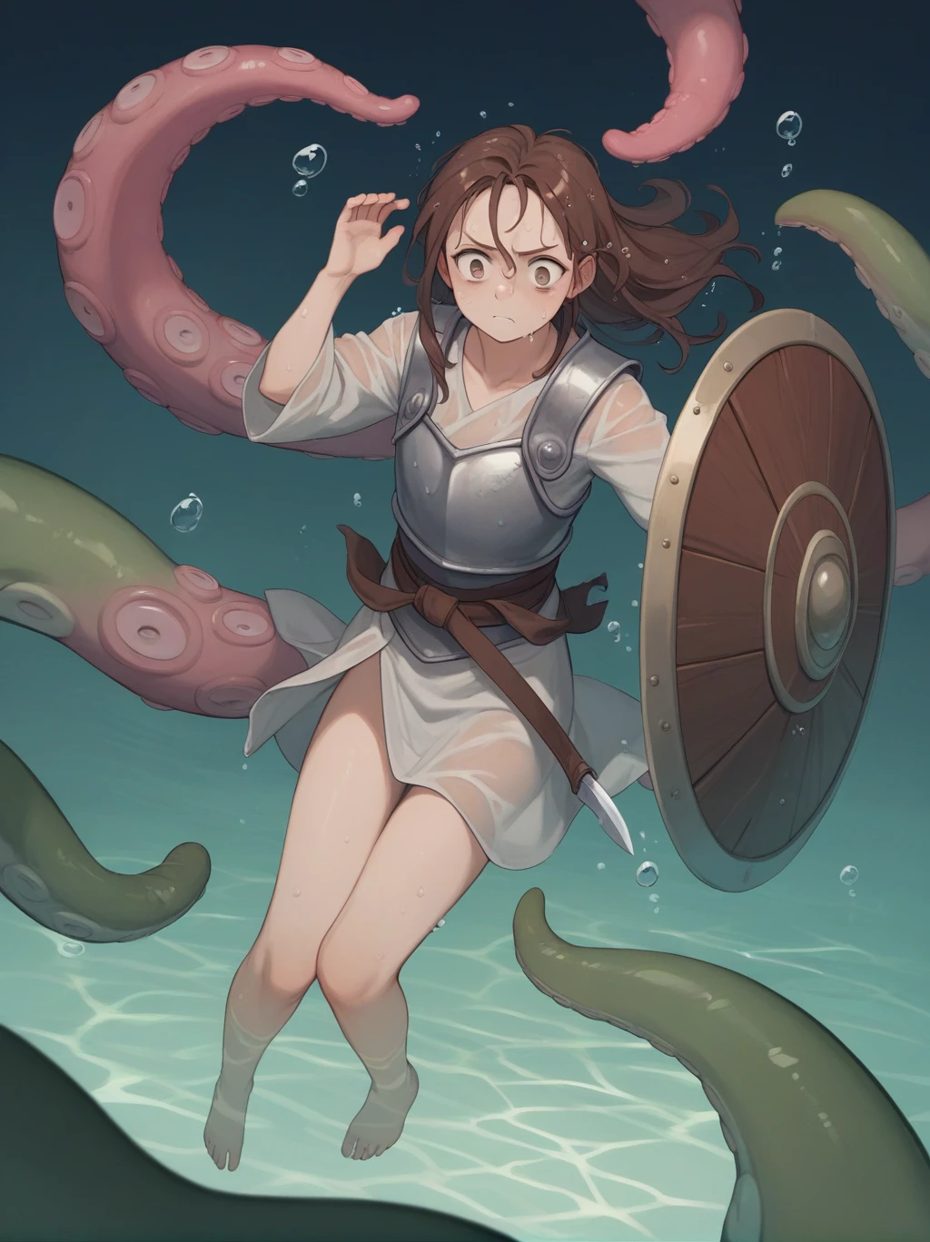 Partially underwater,最high quality,high quality, , Long Hair, Brown Hair, Wet Hair, Flat Chest,Dark underground labyrinth,No light,Cloth armor,Equipped with a dagger and a shield,Face above water,Body in water, Underwater Photography,The robe rolls up due to buoyancy,Painful face、My leg is pulled by tentacles、Being dragged into the water、Go wild