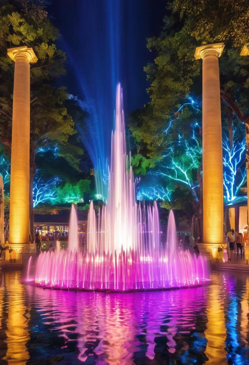 Dancing water columns of a musical fountain、Various combinations of light and water column々Create a unique pattern,Create a colorful scene,Detailed fantasy digital art,Highly detailed digital art in 4K,fantasy art action,Nice、money、High-quality images