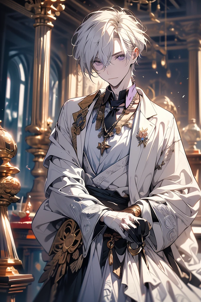 A handsome young man of 22 years old, slender, albinism, pale skin, medium length white hair, bangs, violet eyes (painter's outfit, medieval sculptor's outfit) Medieval, in a medieval studio, sculptures in the background