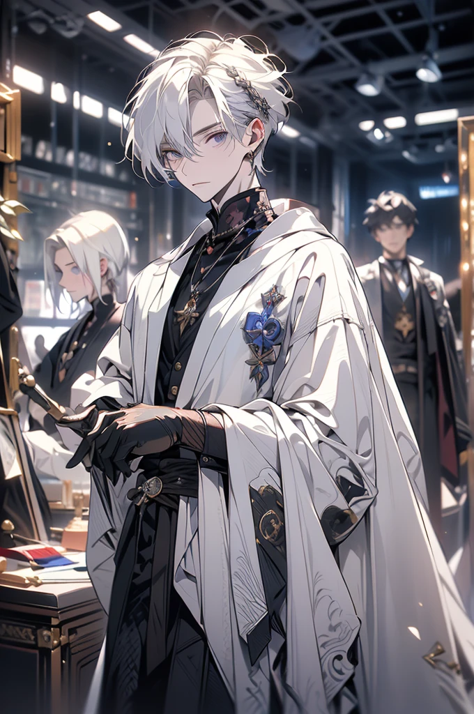 A handsome young man of 22 years old, slender, albinism, pale skin, medium length white hair, bangs, violet eyes (painter's outfit, medieval sculptor's outfit) Medieval, in a medieval studio, sculptures in the background
