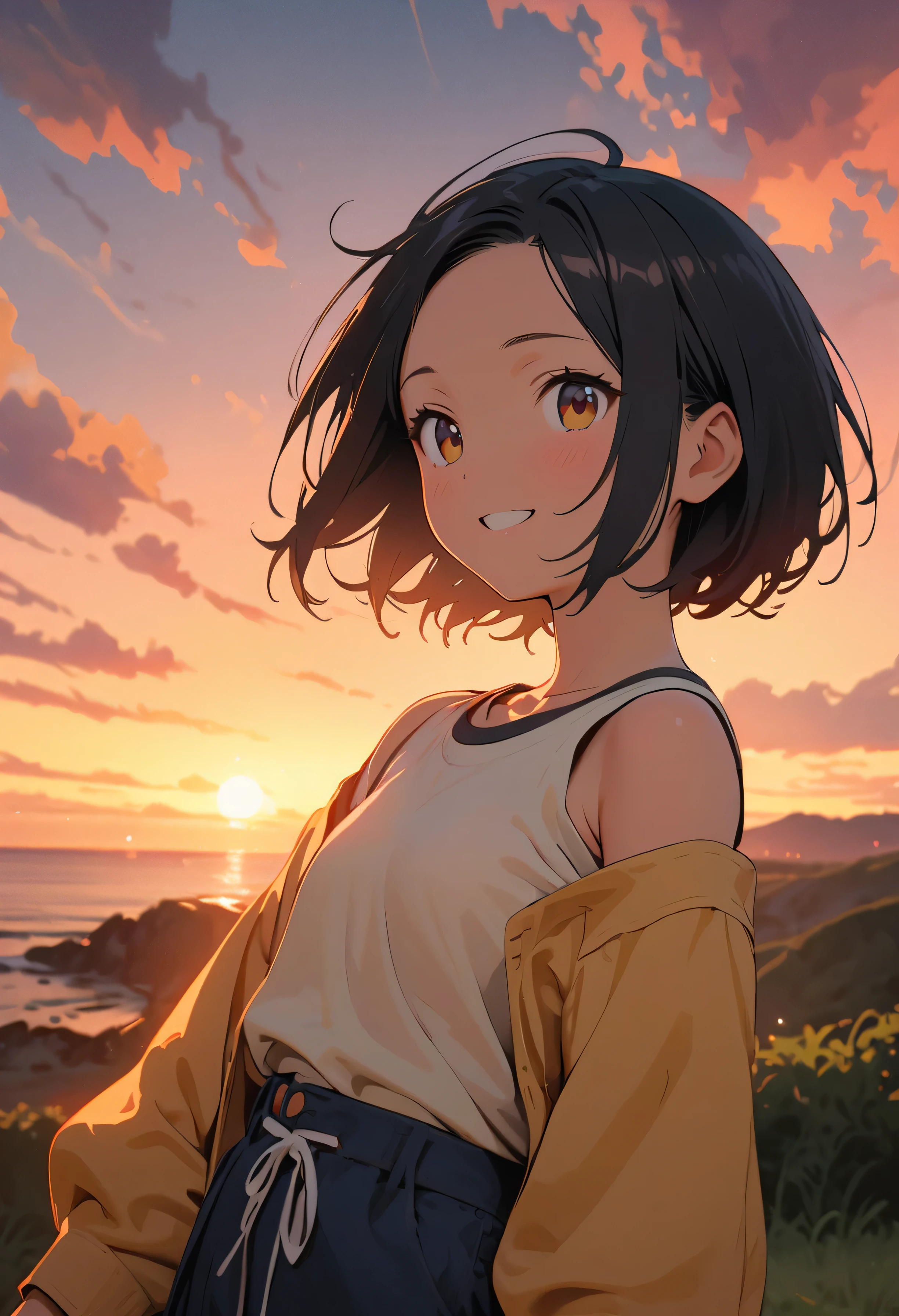 masterpiece, Highest quality, Movie stills, One Girl, Cloud Girl, Floating in the sky, close, bright, Happy, Warm and soft lighting, sunset, (spark:0.7), Short Bob Hair, forehead, 12 years old, Ultra-fine illustrations, highly detailed, Dynamic Angle, beautiful detailed, 8K, break smiling amidst the colorful scenes, Backlight