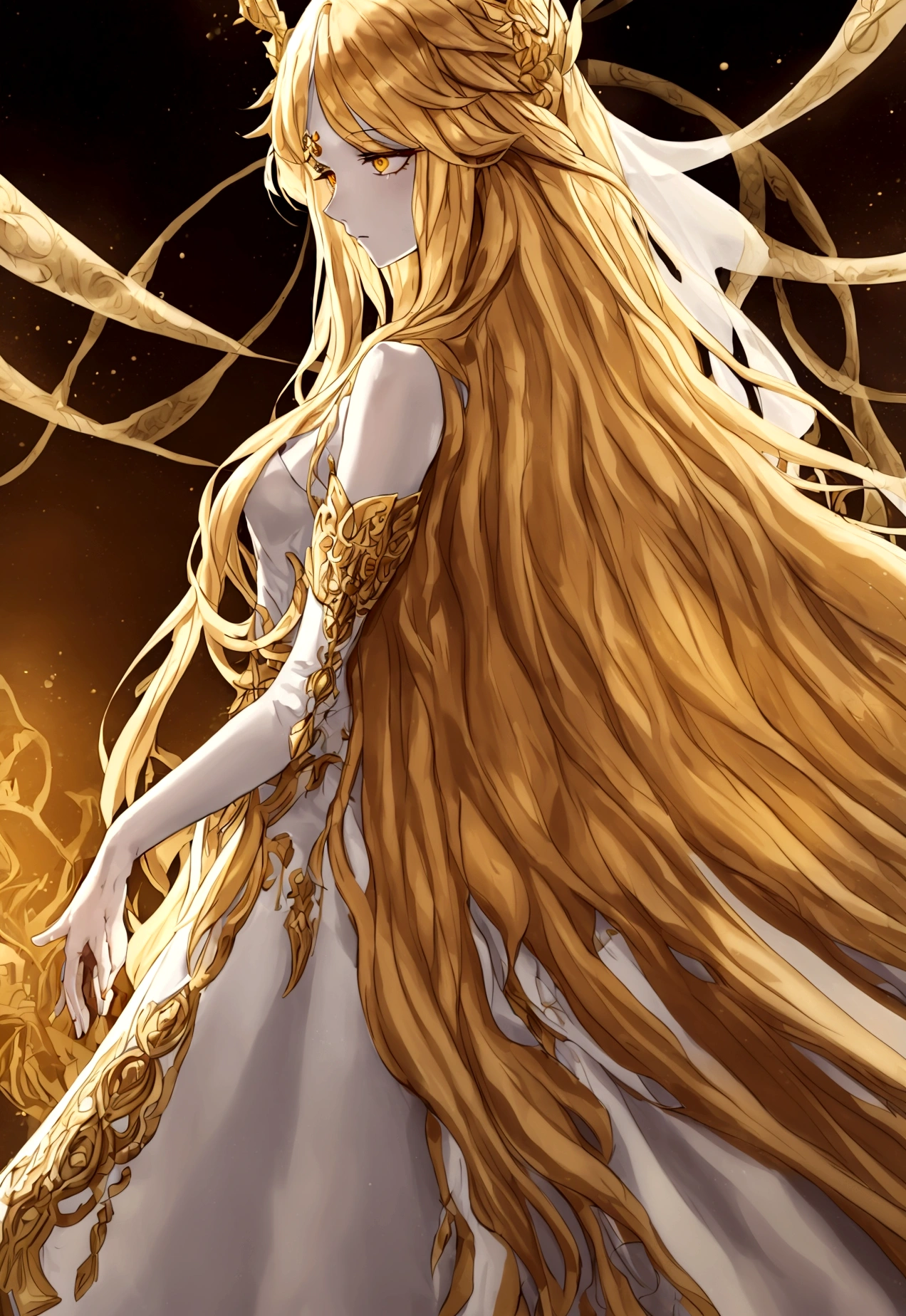 Miquella is depicted as an eternal  with an otherworldly, almost angelic aura. He has long, flowing, golden hair that cascades down his back, giving him a radiant appearance. His skin is fair and smooth, unmarred by age or battle scars, emphasizing his perpetual youth. His eyes are large and expressive, glowing with a gentle, warm light that contrasts with the often harsh world around him. Miquella wears elegant, flowing robes adorned with intricate, golden embroidery and mystical symbols, indicating his royal and divine lineage. His attire is both regal and ethereal, often with elements that suggest purity and innocence, such as white or light-colored fabrics and delicate, ornate accessories.