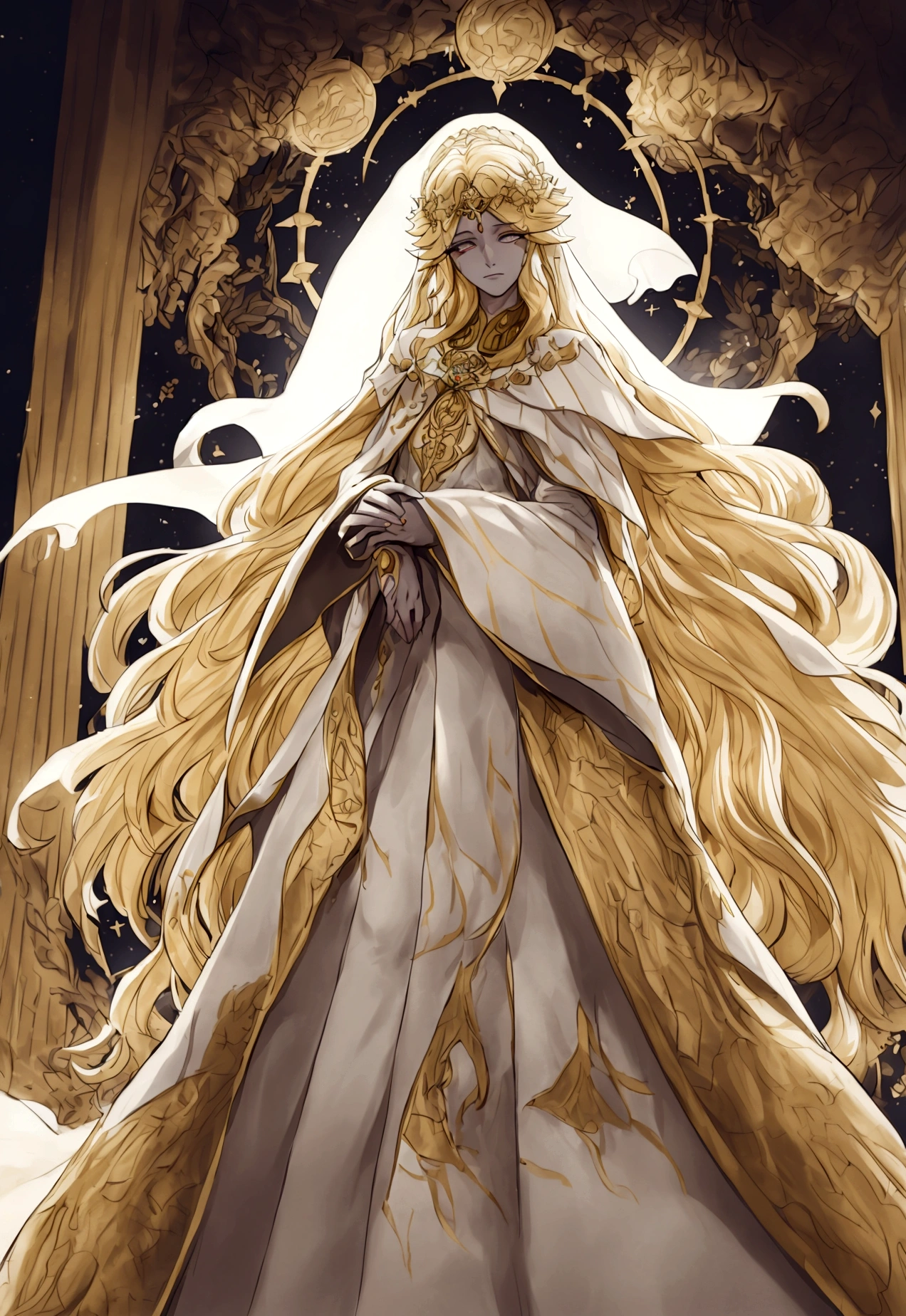 Miquella is depicted as an eternal  with an otherworldly, almost angelic aura. He has long, flowing, golden hair that cascades down his back, giving him a radiant appearance. His skin is fair and smooth, unmarred by age or battle scars, emphasizing his perpetual youth. His eyes are large and expressive, glowing with a gentle, warm light that contrasts with the often harsh world around him. Miquella wears elegant, flowing robes adorned with intricate, golden embroidery and mystical symbols, indicating his royal and divine lineage. His attire is both regal and ethereal, often with elements that suggest purity and innocence, such as white or light-colored fabrics and delicate, ornate accessories.