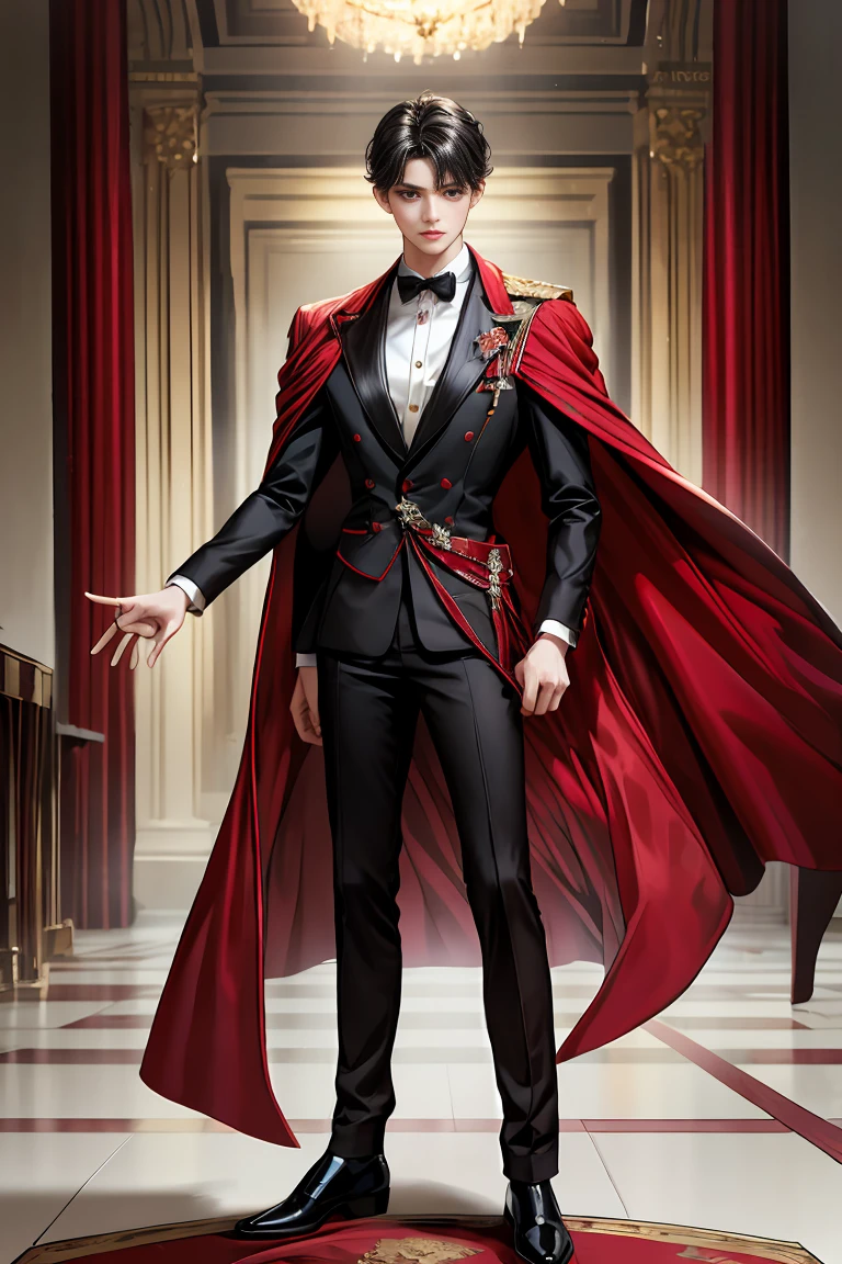 masterpiece, 最high quality, high quality, 1 boy, alone, Male focus, Watching the audience, Messy black hair, Adorable big blue eyes, White people, Noble, Noble,Sexy voluminous black and red cape、Tuxedo、A very voluminous, large, very large, very large, long, long red and black cape with a high stand-up collar, reaching down to the floor, made of a lot of fabric., 17 years old,Cute beautiful boys,Cute, cute, kind, handsome guy