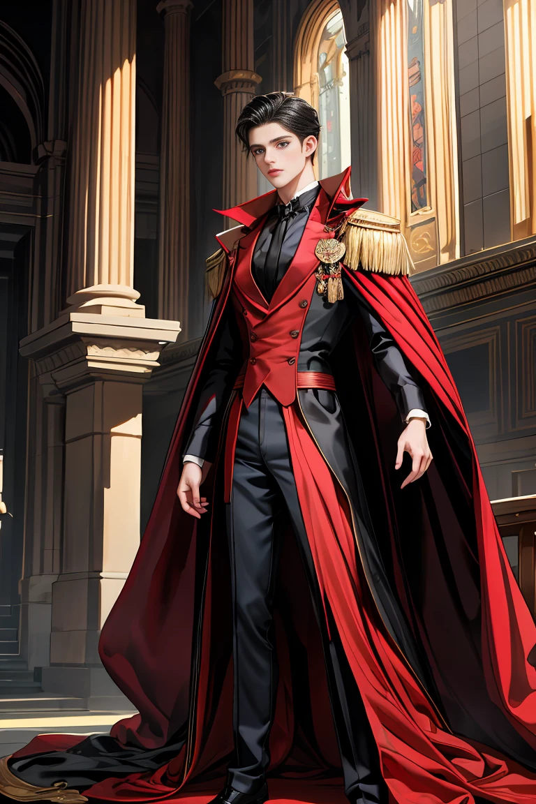 
masterpiece, 最high quality, high quality, 1 boy, alone, Male focus, Watching the audience,  Messy black hair, Adorable big blue eyes, White people, Noble, Noble,Sexy voluminous black and red cape、Tuxedo、A very voluminous, large, very large, very large, long, long red and black cape with a high stand-up collar, reaching down to the floor, made of a lot of fabric., 17 years old,Cute beautiful boys,Cute, cute, kind, handsome guy