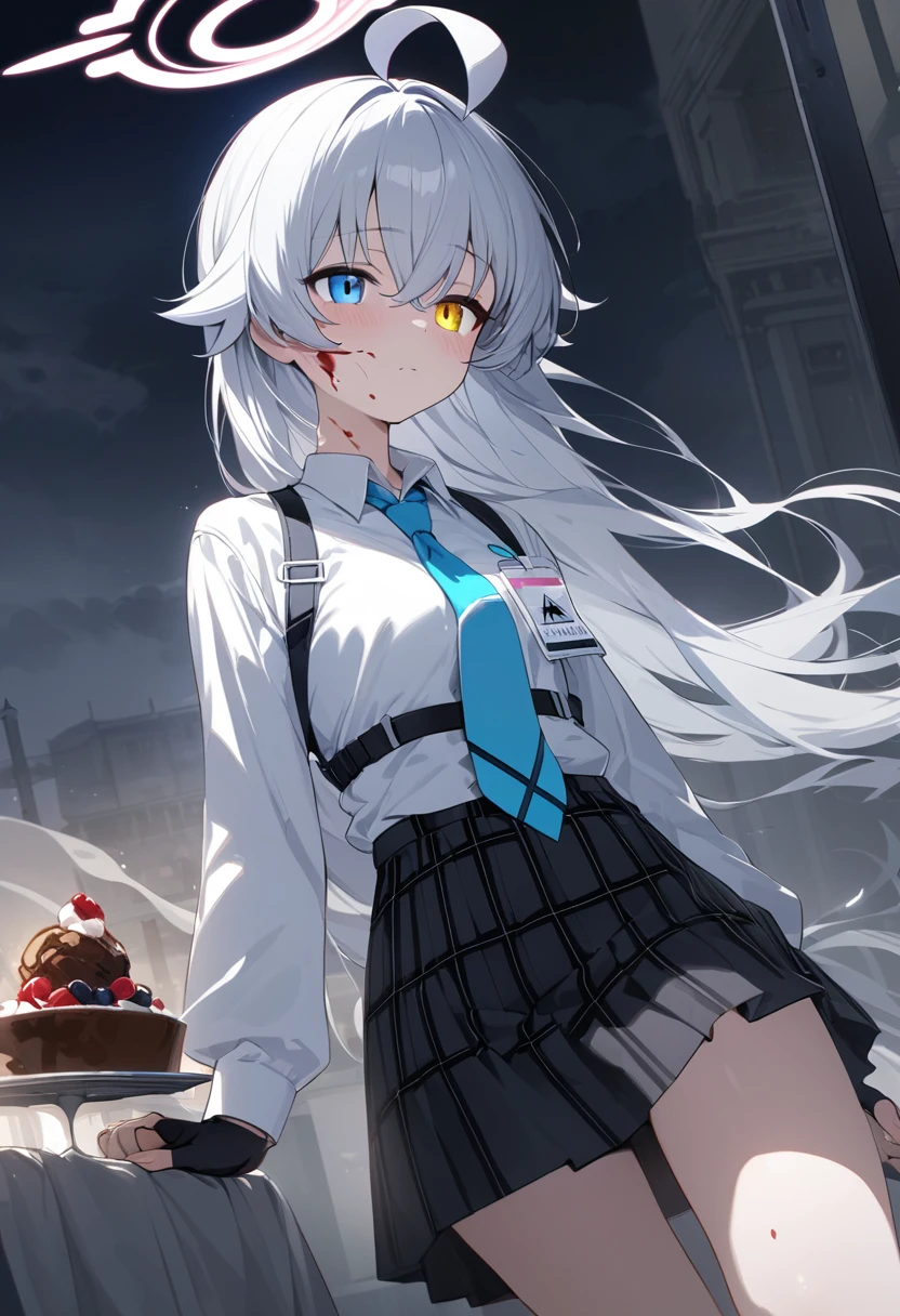 (((masterpiece))), (((best quality))), ((ultra-detailed)), (illustration), (detailed light), ((an extremely delicate and beautiful)), (beautiful detailed eyes), (gloomy atmosphere), (moonlight), 1girl, (damaged classroom), (wind), blood on face, hoshino \(blue archive\), halo, ahoge, fingerless_gloves, plaid_skirt, white_shirt, black_gloves, long_sleeves, white_socks, collared_shirt, black_skirt, blue_necktie, heterochromia, id_card