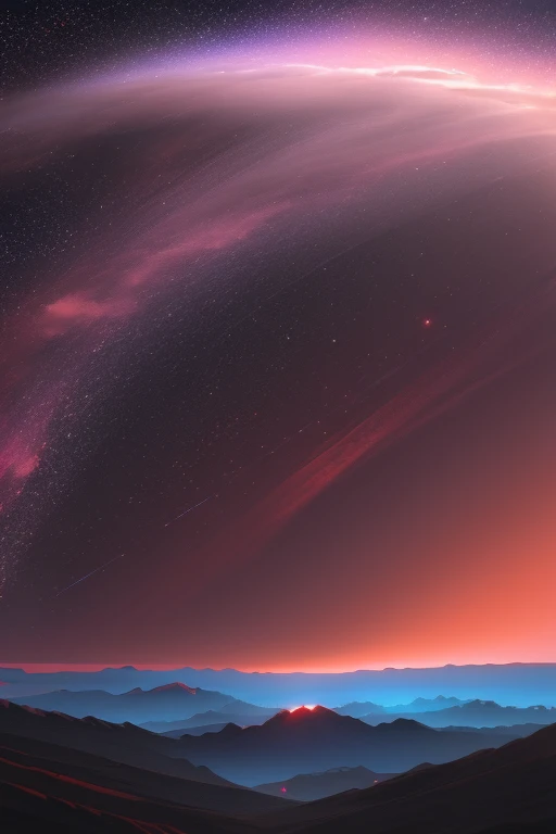 a landscape of a world made entirely of red and purple clouds without land the clouds floated in space dark blue color with star animals made of red clouds dark background