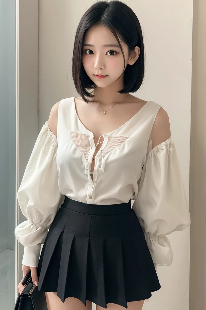 cute　Married Woman　round face　Short neck　Long black hair　Loose roll　Hands holding haze　White blouse　flare skirt